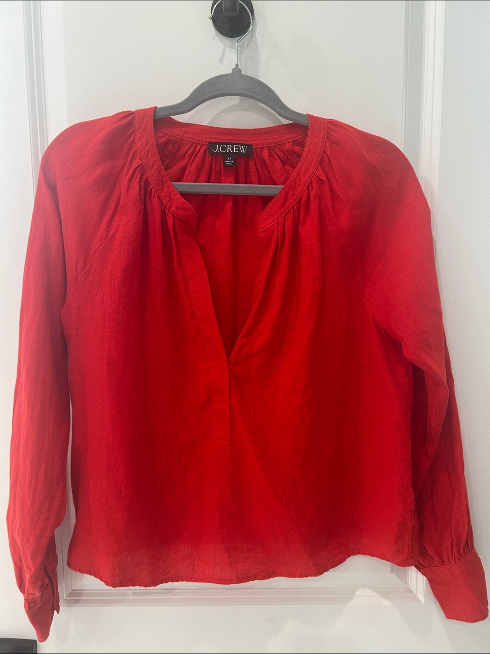 J. Crew red long-sleeve V-neck peasant blouse
